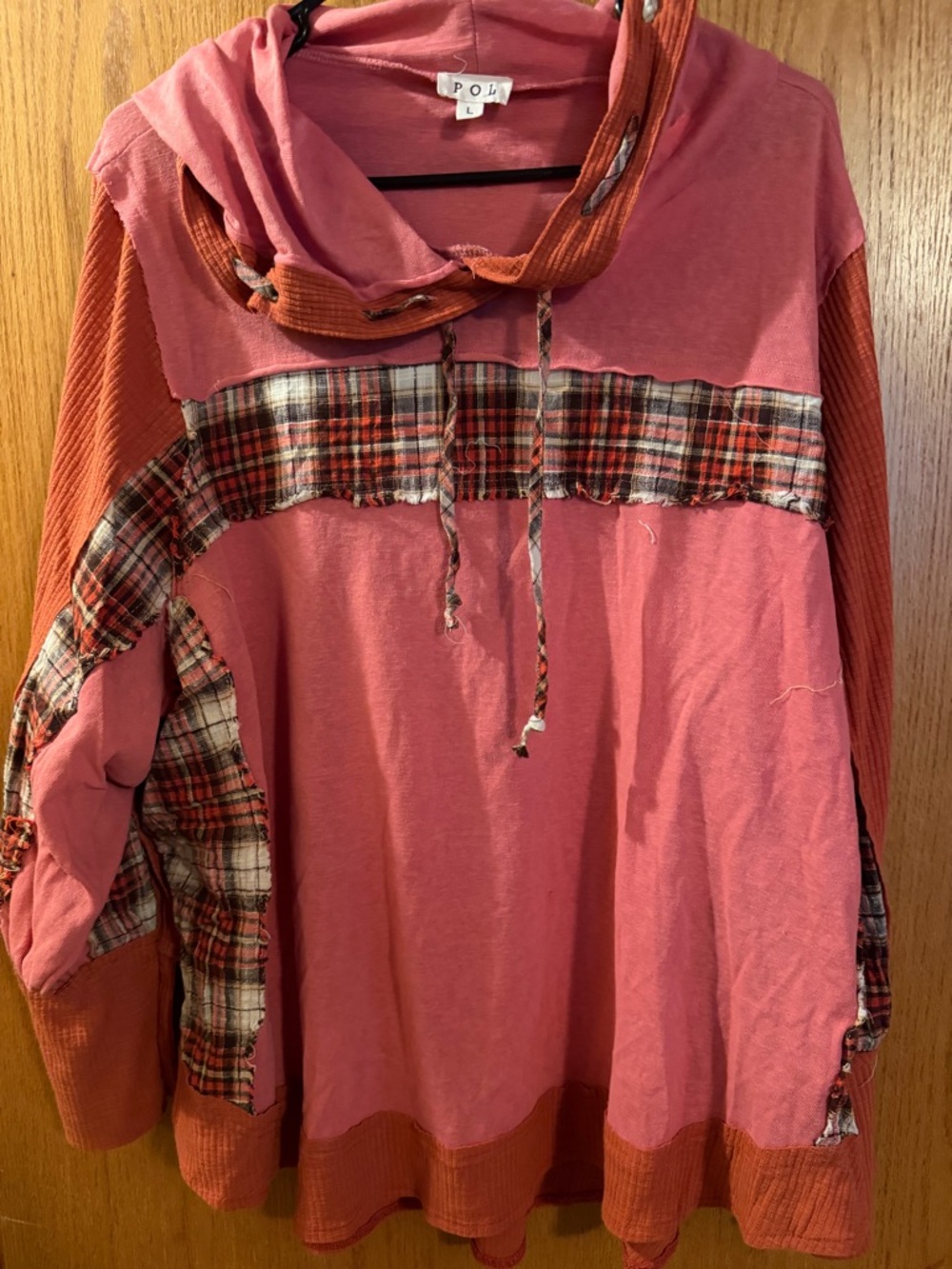 POL relaxed-fit pink and rust mixed-media hoodie